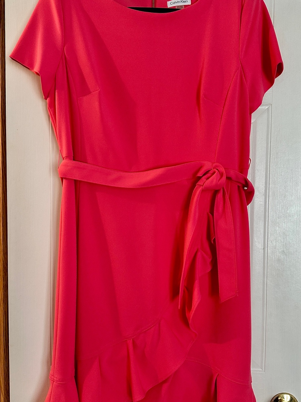 Calvin Klein Bright Coral Belted Ruffle Dress